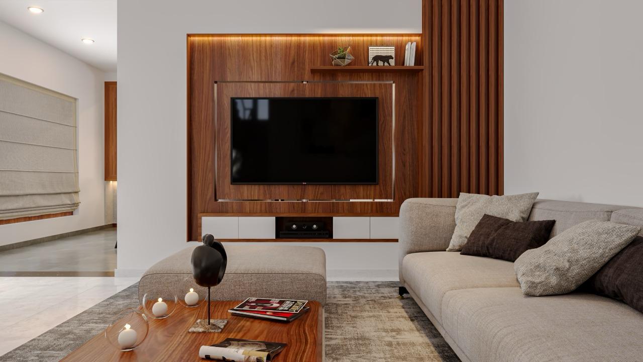 Warm living room interior with yellow feature wall and wood panel